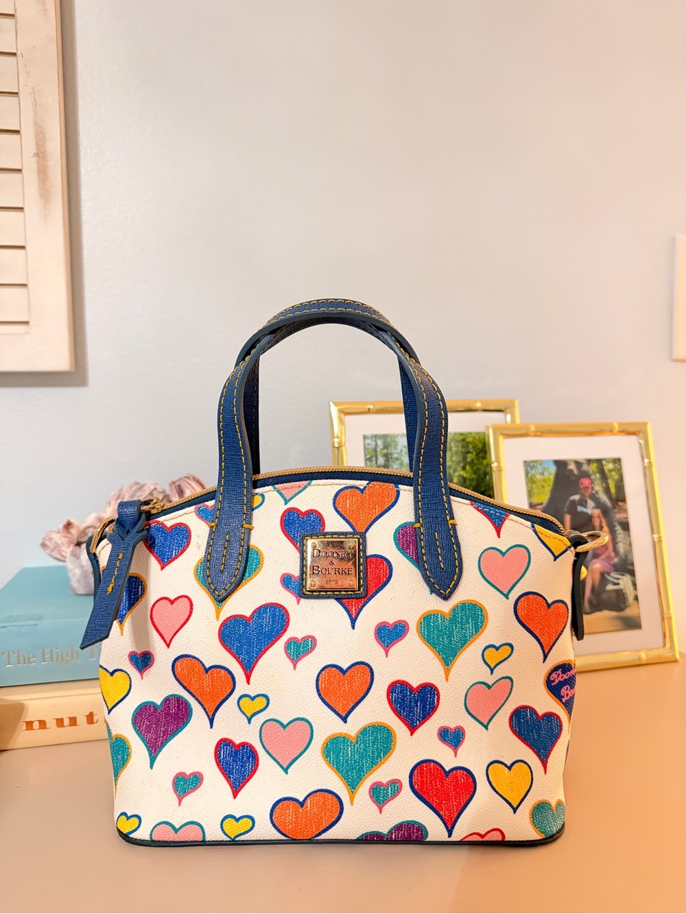 Dooney & Bourke White Multicolor Heart Print Satchel with Blue Trim